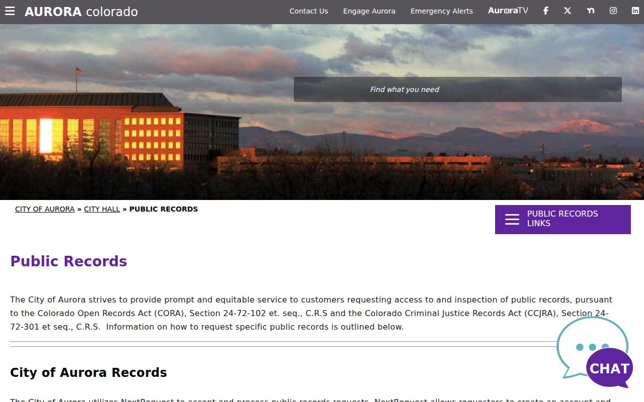 Aurora residents directory public records and CORA routing