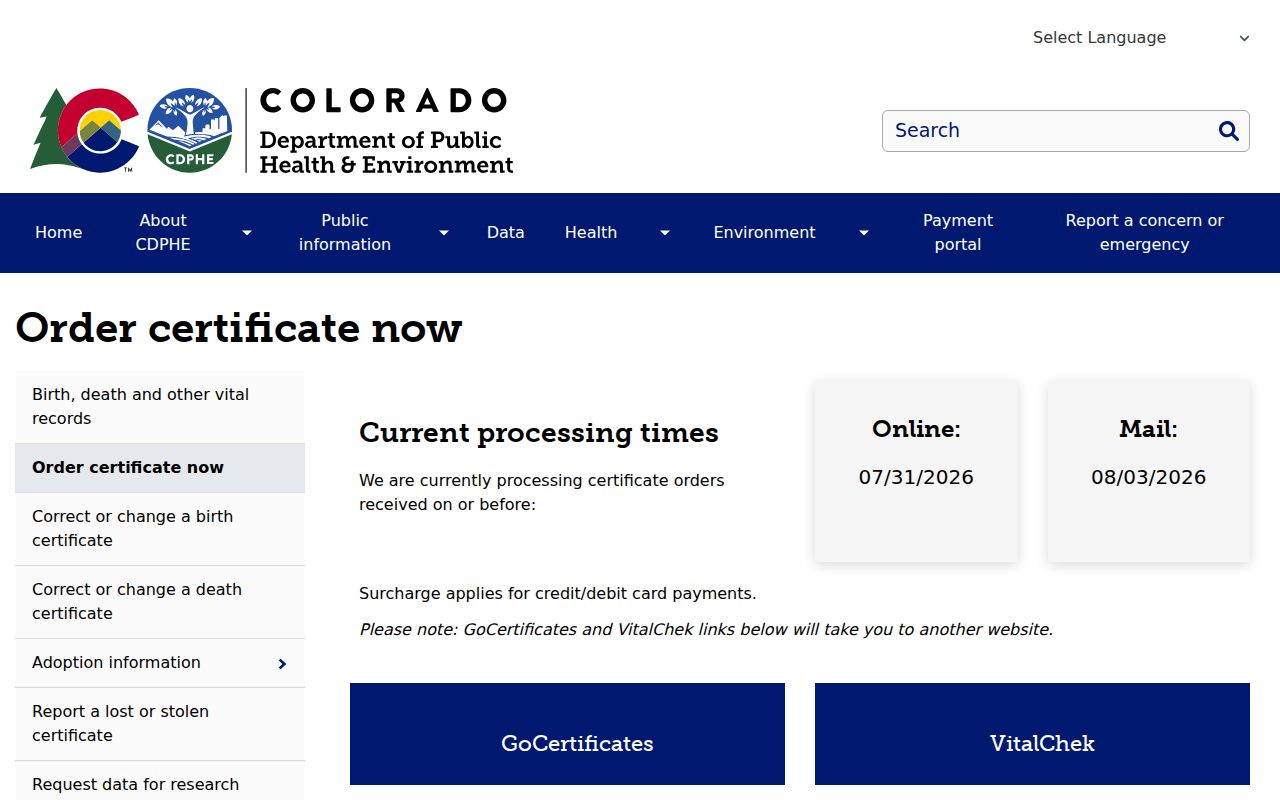 Aurora residents directory Colorado vital records order route