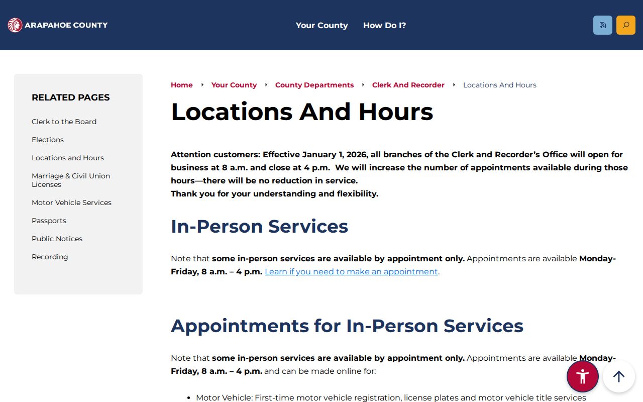 Aurora street directory Arapahoe recorder offices and hours